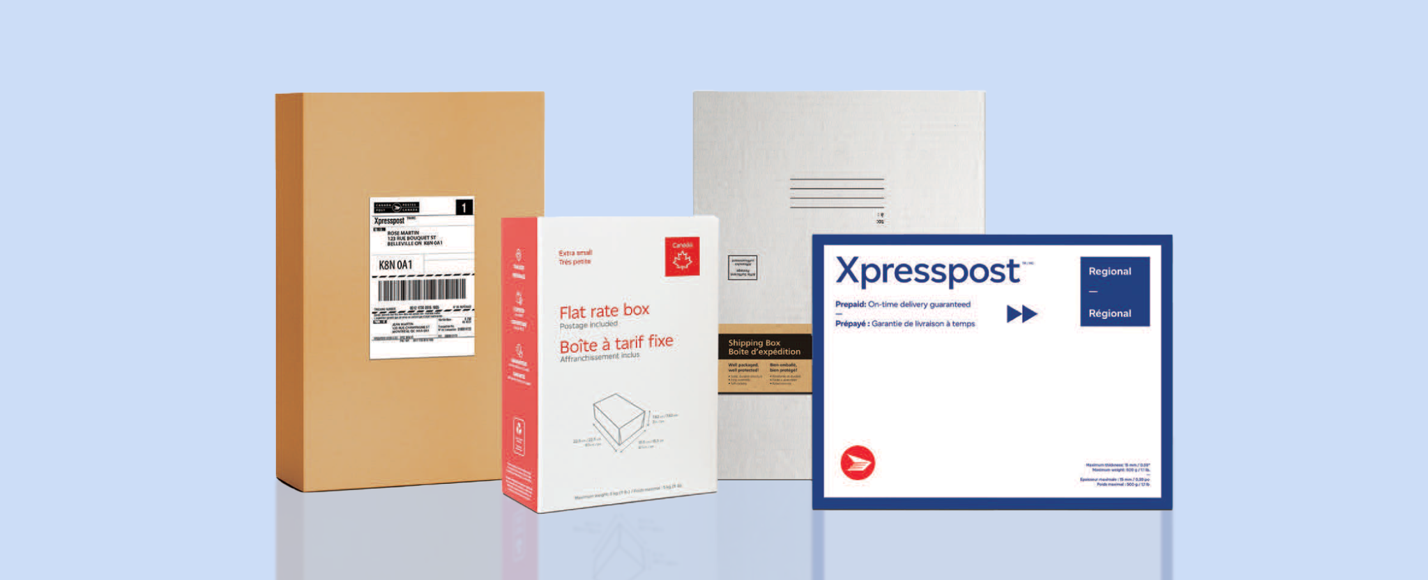 Produits d’emballage de Postes Canada, dont une boîte à tarif fixe, une enveloppe Xpresspost, une boîte d’expédition en carton et une enveloppe matelassée.