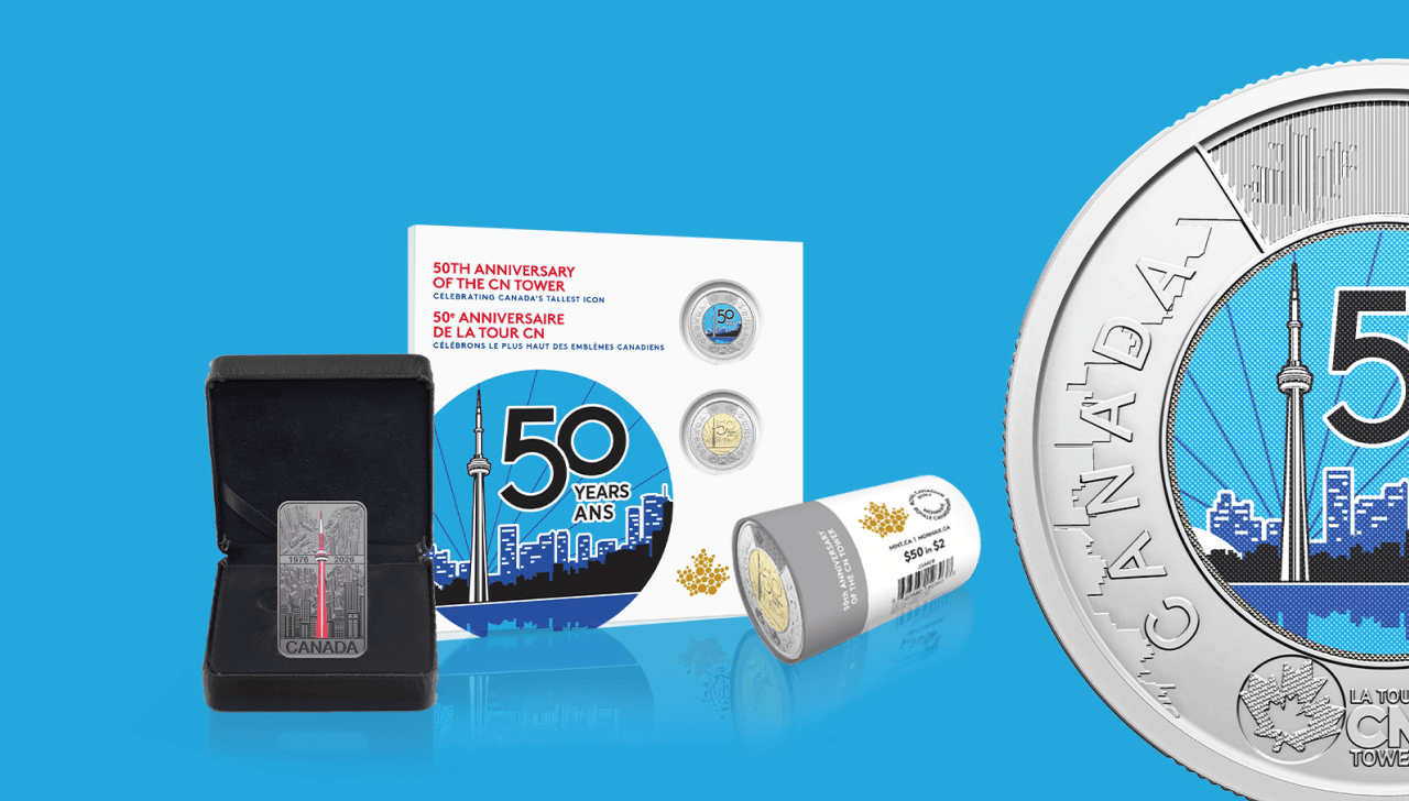 Articles de collection du 50e de la Tour CN : pièce en argent fin, carte de collection de pièces-souvenirs commémoratives, rouleau spécial.