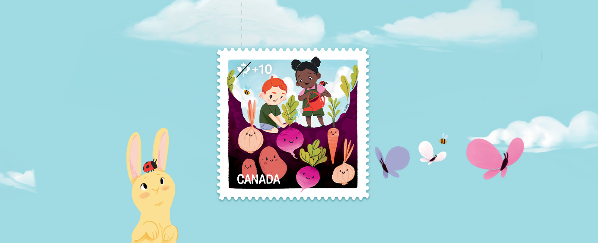 Timbre philanthropique de la Fondation communautaire illustrant deux enfants souriants qui cultivent des légumes racines dans un jardin.
