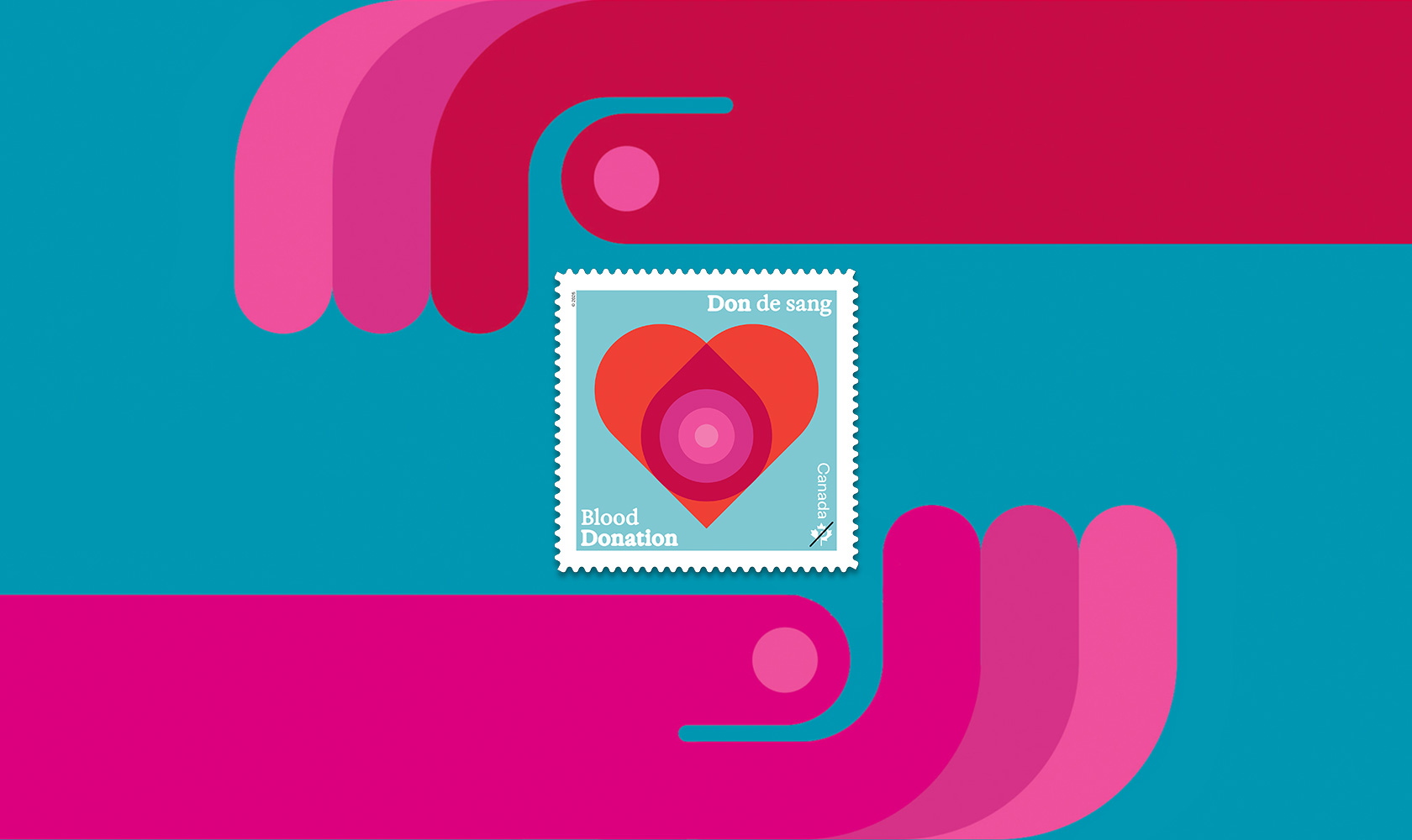 Illustration de deux mains courbées sur un fond bleu encadrant un timbre-poste avec un cœur rouge et le texte « Don de sang / Blood Donation ».