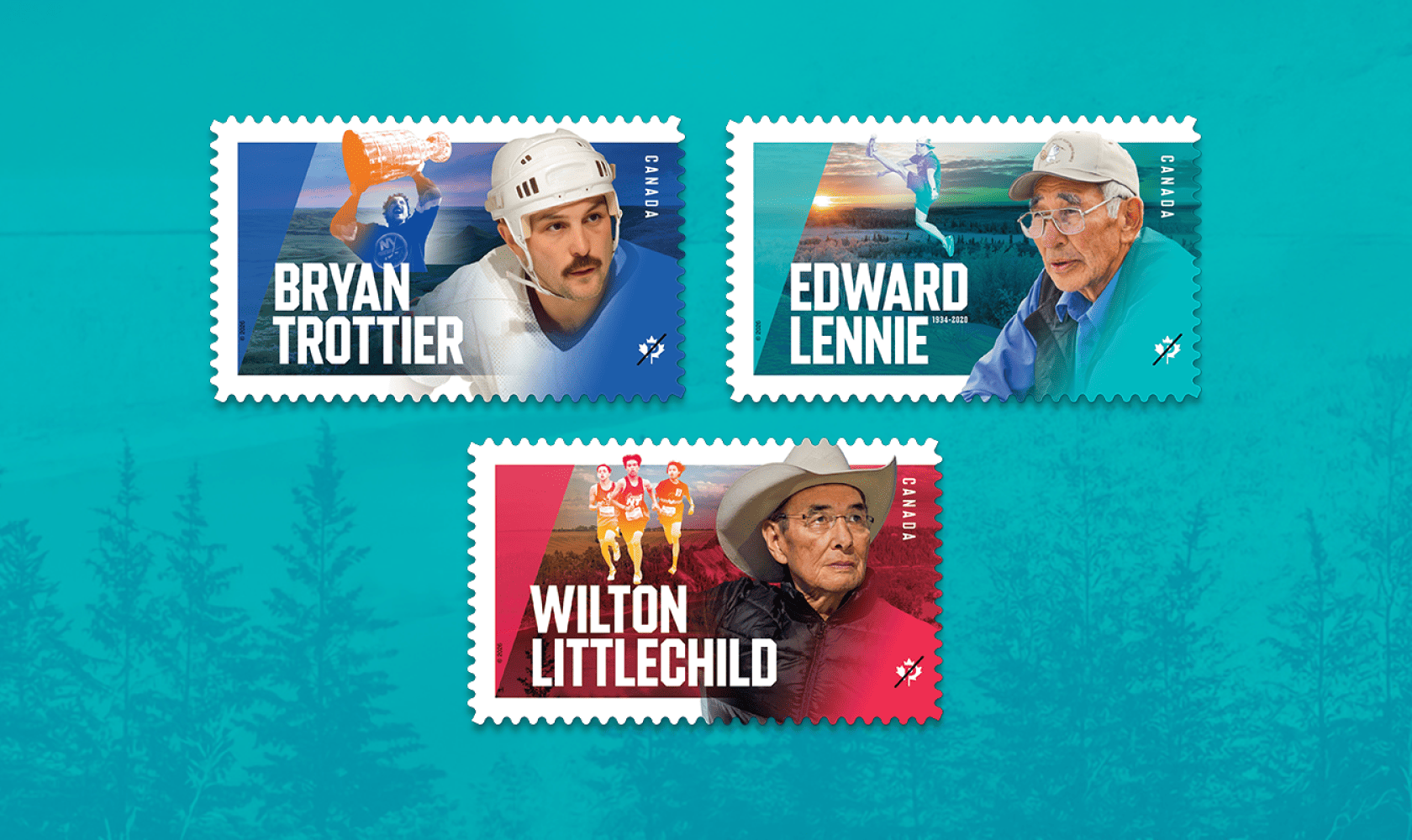 Les trois timbres de la série Leaders autochtones sur fond sarcelle avec les portraits de Bryan Trottier, Edward Lennie et Wilton Littlechild, dans des blocs bleus, sarcelle et rouges.