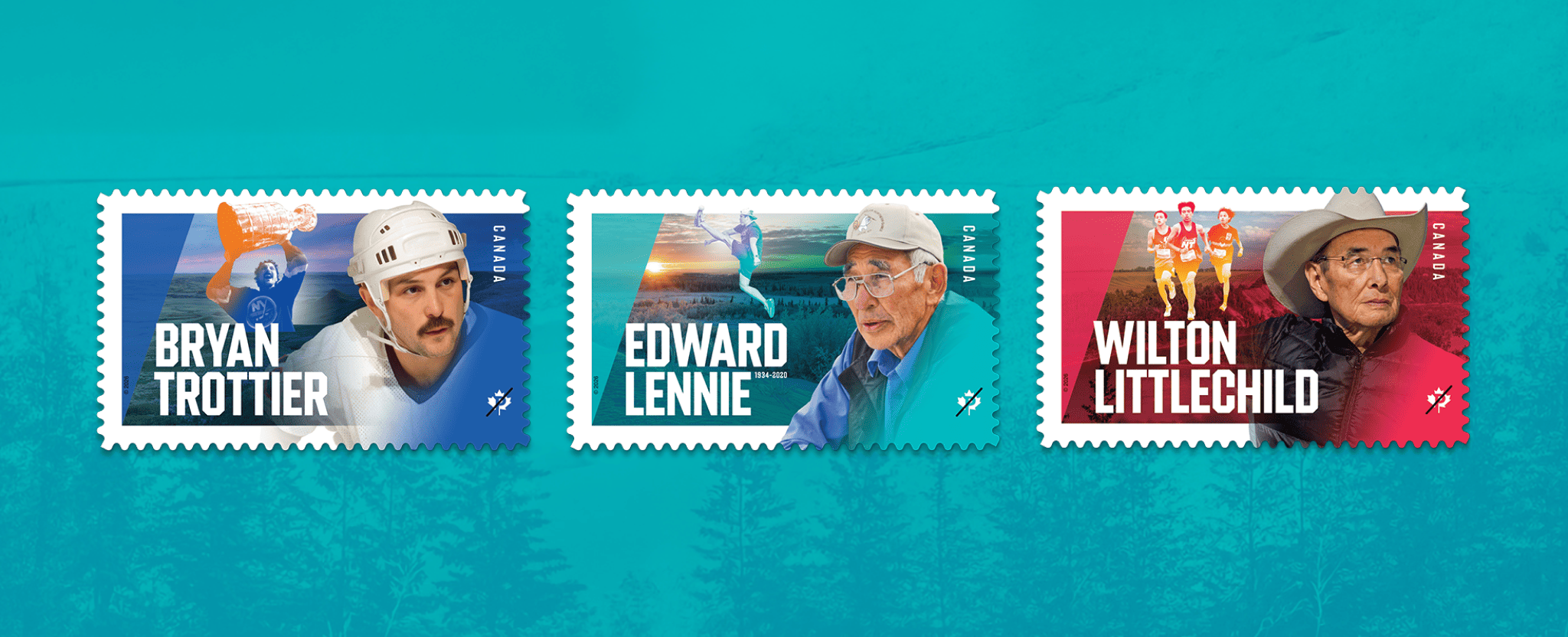Les trois timbres de la série Leaders autochtones sur fond sarcelle avec les portraits de Bryan Trottier, Edward Lennie et Wilton Littlechild, dans des blocs bleus, sarcelle et rouges.