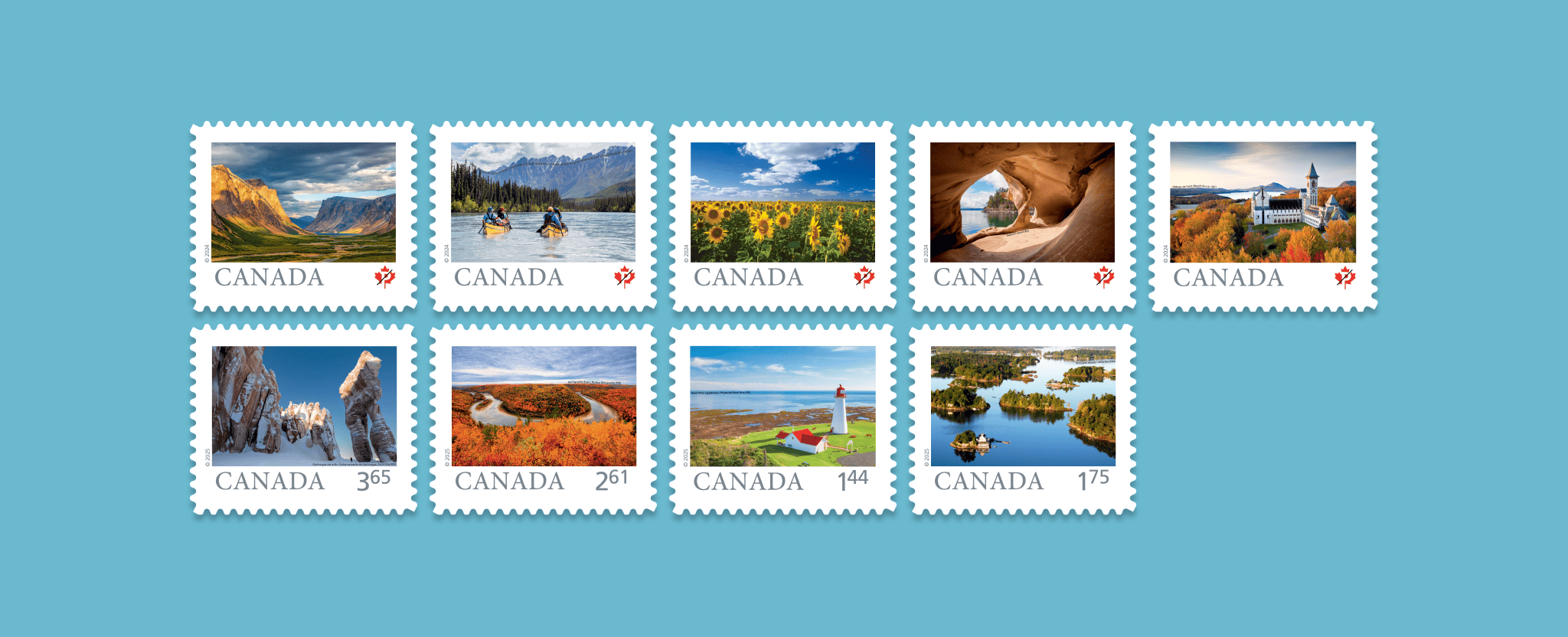 Les 9 timbres de la série Terre de nos aïeux célèbrent la beauté et la diversité des paysages naturels et culturels du Canada.