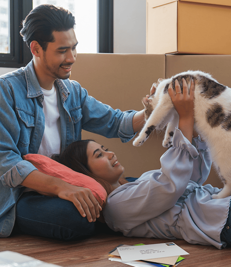 Un couple souriant joue avec un chat par terre. Il y a une pile de courrier à côté d’eux et des boîtes en carton empilées en arrière-plan. Un couple souriant joue avec un chat par terre. Il y a une pile de courrier à côté d’eux et des boîtes en carton empilées en arrière-plan.
