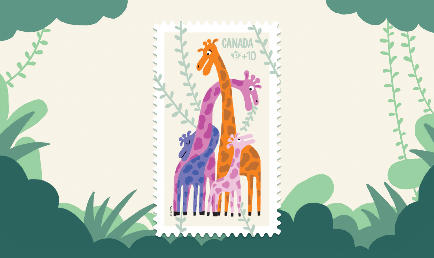 Le timbre 2025 de la Fondation communautaire présente une illustration de girafes qui prennent soin de leurs petits.