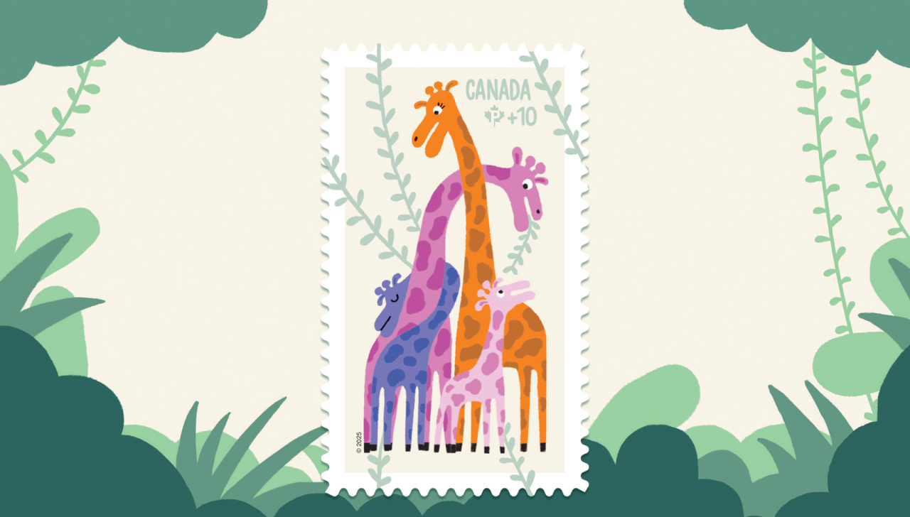 Le timbre 2025 de la Fondation communautaire présente une illustration de girafes qui prennent soin de leurs petits.