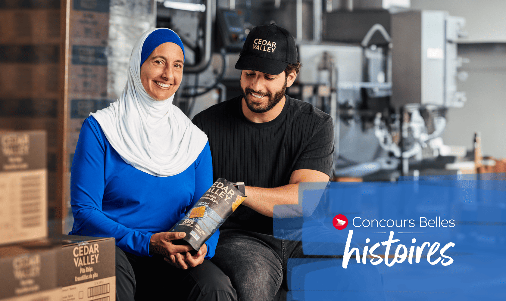 'Concours Les belles histoires de petites entreprises.' Surria et Armeen Fadel, propriétaires de Cedar Valley, savourent leur produit en souriant à la caméra.
