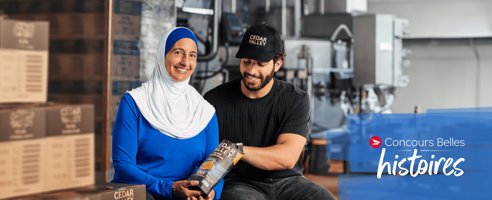 'Concours Les belles histoires de petites entreprises.' Surria et Armeen Fadel, propriétaires de Cedar Valley, savourent leur produit en souriant à la caméra.