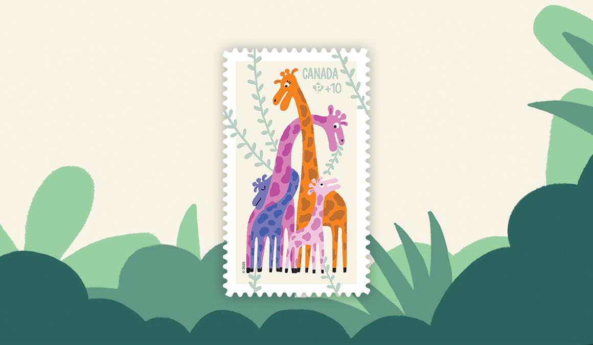 Le timbre de 2024 de notre Fondation communautaire illustre des animaux s’envolant à bord d’une montgolfière.