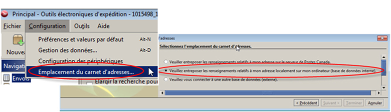 Menu de Configuration avec &laquo; Emplacement du carnet d'adresses &raquo; et &laquo; Veuillez entreposer les renseignements relatifs &agrave; mon adresse localement sur mon ordinateur (base de donn&eacute;es interne) &raquo; en surbrillance.