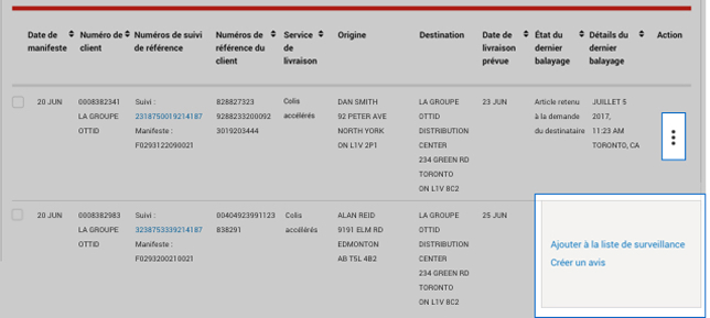 Menu &agrave; trois points &laquo; Actions &raquo; s&eacute;lectionn&eacute; montrant les options &laquo; Ajouter &agrave; la liste de surveillance &raquo; et &laquo; Cr&eacute;er un avis &raquo;. 