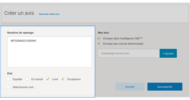 Menu de notification d'Intelligence 360 avec le champ de num&eacute;ro de suivi en surbrillance.