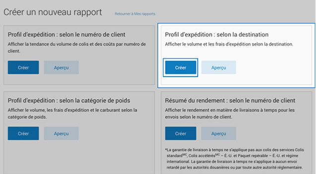 Menu &laquo; Cr&eacute;er un nouveau rapport &raquo; d'Intelligence 360 avec l'option &laquo; Profil d'exp&eacute;dition : selon la destination &raquo; en surbrillance.