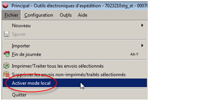 Principal - Outils &eacute;lectroniques d'exp&eacute;dition avec &laquo; Activer mode local &raquo; en surbrillance.