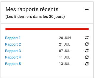 Liste d'Intelligence 360 de &laquo; Mes rapports r&eacute;cents &raquo;.