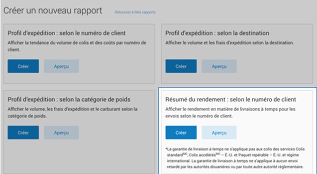 Menu &laquo; Cr&eacute;er un nouveau rapport &raquo; d'Intelligence 360 avec l'option &laquo; R&eacute;sum&eacute; du rendement : selon le num&eacute;ro de client &raquo; en surbrillance.