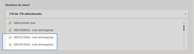 Liste d&eacute;roulante &laquo; Num&eacute;ros de client &raquo; d'Intelligence 360.