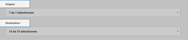 Champs &laquo; Origine &raquo; et &laquo; Destination &raquo; d'Intelligence 360.