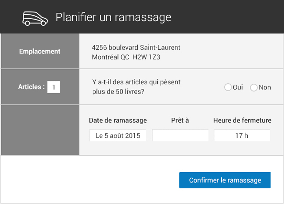 Interface du panneau d'administration affichant une demande de ramassage.