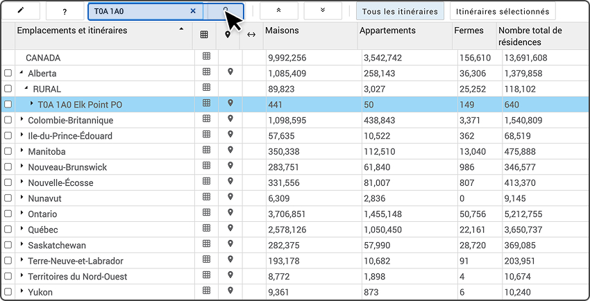 Outil Cibleur précis montrant où cliquer pour voir la liste développée des itinéraires.