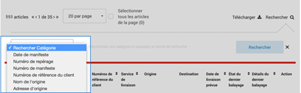 Menu d&eacute;roulant &laquo; Rechercher cat&eacute;gorie &raquo; d'Intelligence 360.