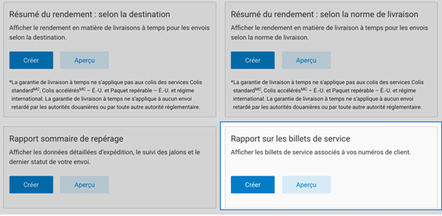 Menu &laquo; Cr&eacute;er un nouveau rapport &raquo; d'Intelligence 360 avec l'option &laquo; Rapport sur les billets de service &raquo; en surbrillance.