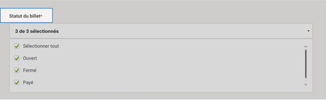 Options du menu d&eacute;roulant &laquo; Statut du billet &raquo; d'Intelligence 360. 