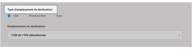 Menu d'Intelligence 360 avec le champ pour &laquo; Type d&rsquo;emplacement de destination &raquo; en surbrillance.