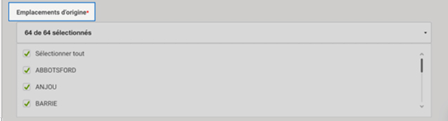 Menu d'Intelligence 360 avec le champ pour &laquo; Emplacements d&rsquo;origine &raquo; en surbrillance. 