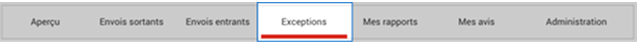 Menu d'Intelligence 360 avec l'option &laquo; Exceptions &raquo; en surbrillance.