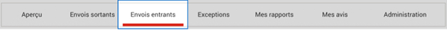 Menu d'Intelligence 360 avec l'option &laquo; Envois entrants &raquo; en surbrillance.
