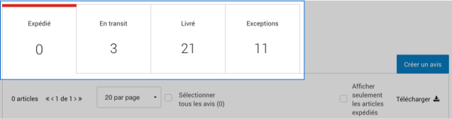 Onglets du menu d'Intelligence 360 : Exp&eacute;di&eacute;, En transit, Livr&eacute; et Exceptions.