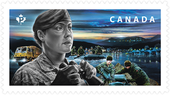 Timbre de Postes Canada sur les Forces armées canadiennes montrant des membres des Forces armées répondant à une inondation.