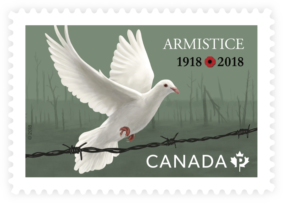Timbre orné d’une colombe et du texte « Armistice 1918/2018 » célébrant l’armistice de la Première Guerre mondiale.