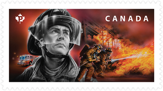Timbre de Postes Canada sur les pompiers illustrant des pompiers qui combattent un incendie au loin.