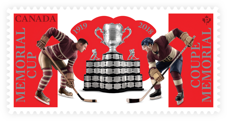 Timbre célébrant la 100e présentation de la Coupe Memorial. Le timbre illustre deux hockeyeurs entourant la Coupe.