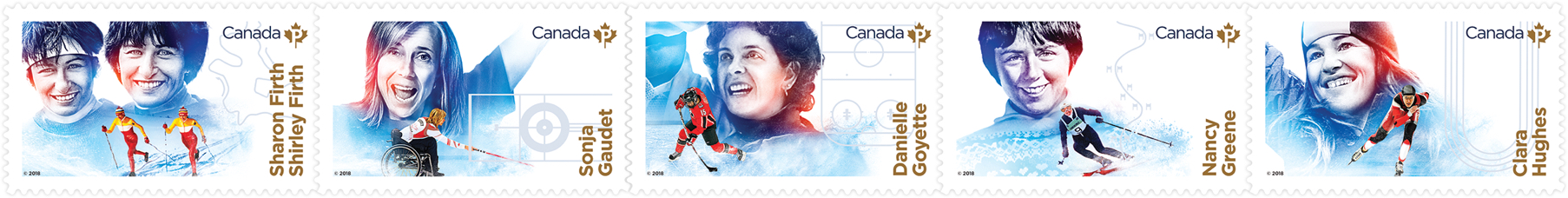 CTimbres de Postes Canada honorant Sharon et Shirley Firth, Sonja Gaudet, Danielle Goyette, Nancy Greene et Clara Hughes.