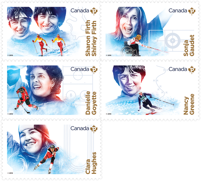 Timbres de Postes Canada honorant Sharon et Shirley Firth, Sonja Gaudet, Danielle Goyette, Nancy Greene et Clara Hughes.