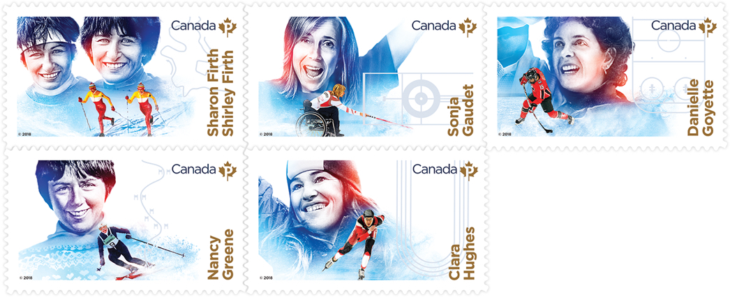 Timbres de Postes Canada honorant Sharon et Shirley Firth, Sonja Gaudet, Danielle Goyette, Nancy Greene et Clara Hughes.