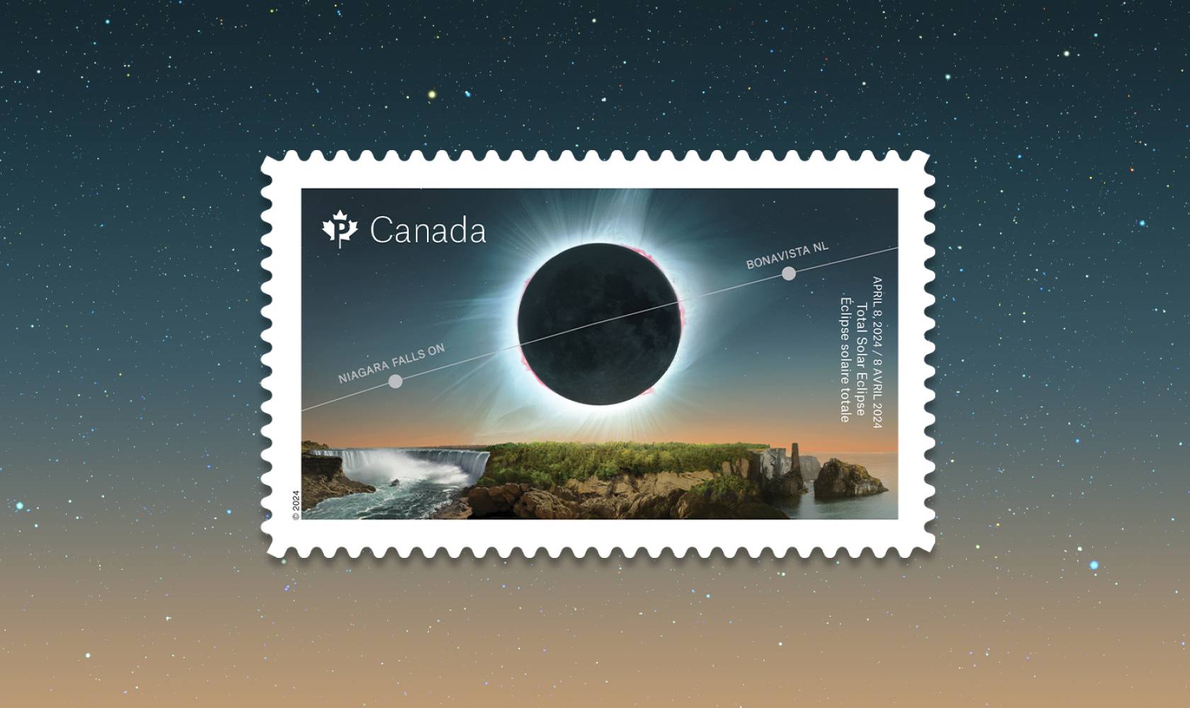 Timbre illustrant une éclipse solaire totale sur un fond de ciel assombri et de paysage côtier
