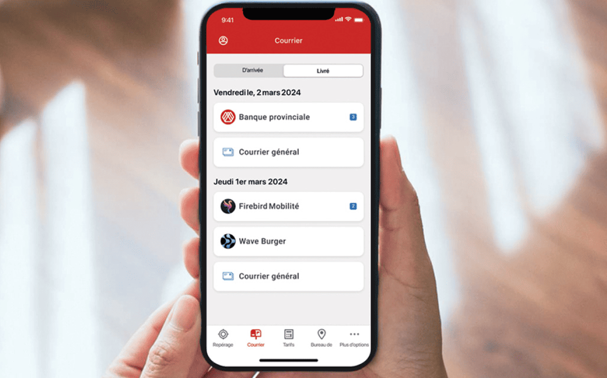 Un écran de téléphone cellulaire affiche la page Courrier de l’appli Postes Canada. Les onglets d’en-tête montrent les options « Courrier d’arrivée » et « Livré ».