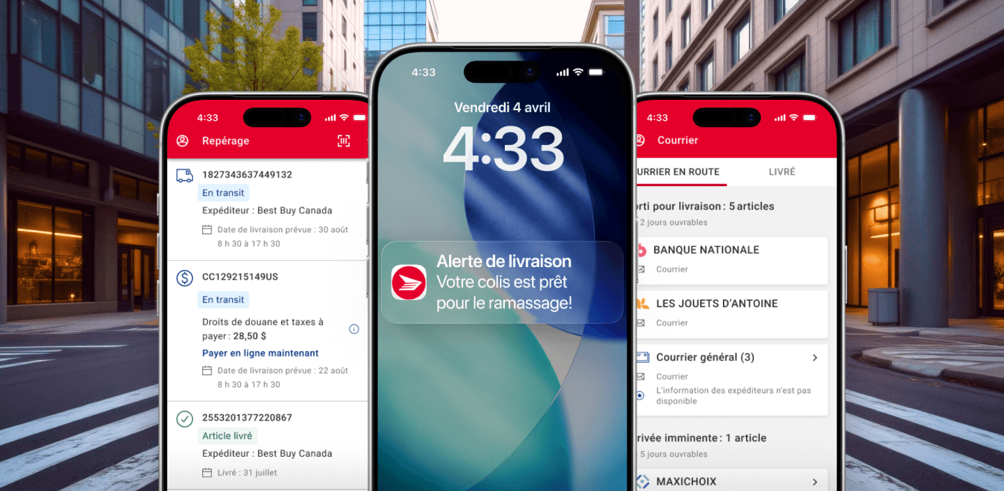 Des écrans des téléphones intelligents affichent une alerte de livraison de Postes Canada ainsi que les pages de la liste de suivi et du service Courrier de l’application de Postes Canada.