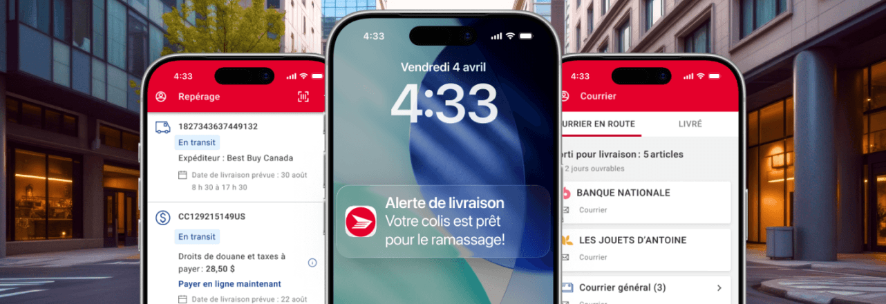 Des écrans des téléphones intelligents affichent une alerte de livraison de Postes Canada ainsi que les pages de la liste de suivi et du service Courrier de l’application de Postes Canada.