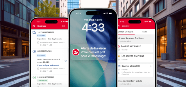 Des écrans des téléphones intelligents affichent une alerte de livraison de Postes Canada ainsi que les pages de la liste de suivi et du service Courrier de l’application de Postes Canada.