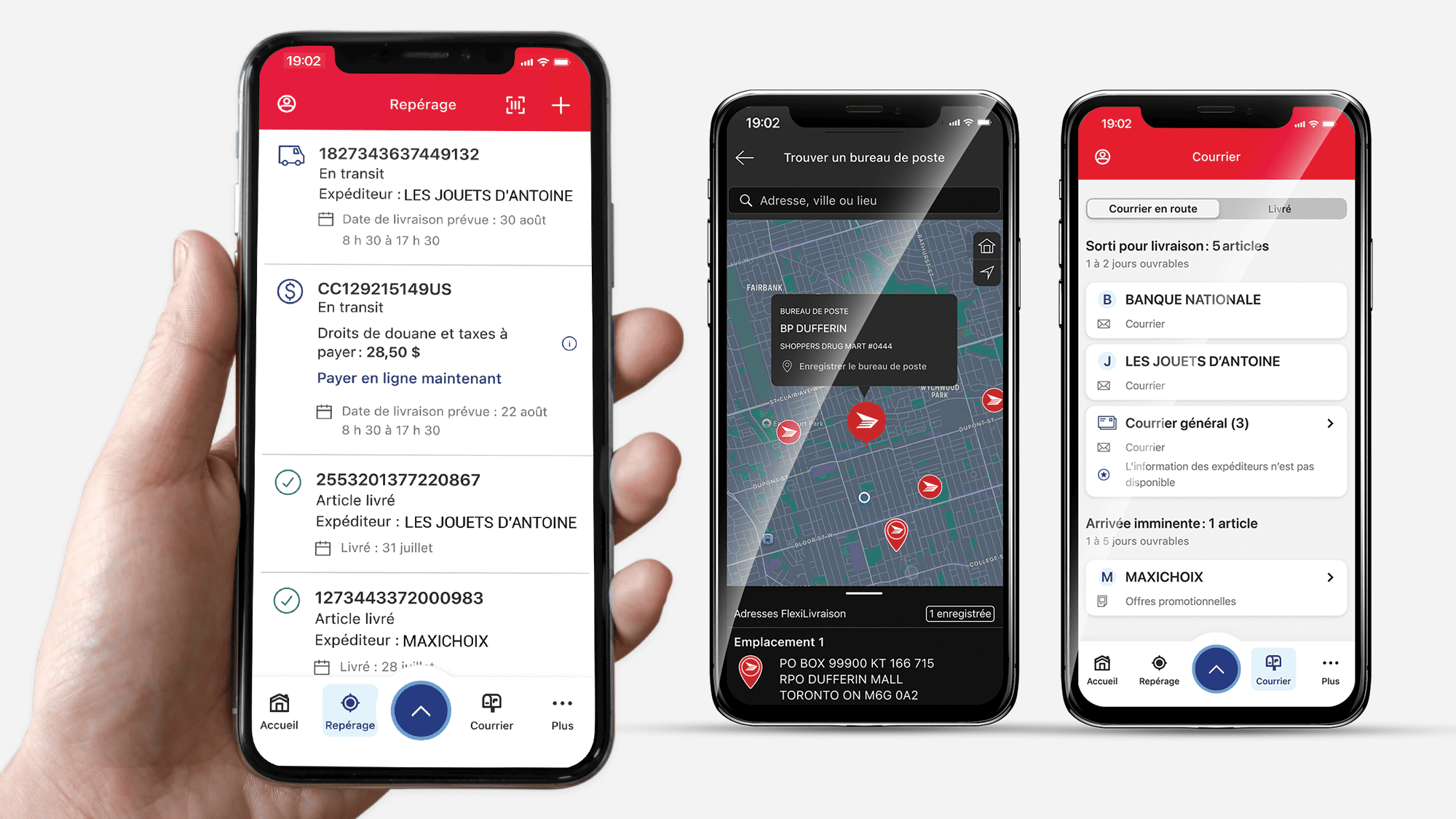 Des écrans de téléphone intelligent affichent les pages Repérage, Trouver un bureau de poste et Courrier de l’appli Postes Canada.